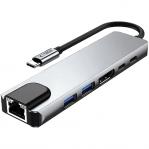 Hub, adapter Tech-Protect HB02, 6w1 1x USB-A 3.0, 1x USB-A 2.0, 2x USB-C, 100W PD, HDMI, RJ-45, szary