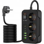 OUTLET: Listwa zasilająca/ przedłużacz Tech-Protect PC3x6, 3x gniazdo sieciowe Schuko, 3x USB-C, 3x USB-A, wraz z kablem 2m, czarna