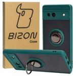 Etui z uchwytem na palec Bizon Case Hybrid Ring do Google Pixel 7A, przydymione z ciemnozieloną ramką