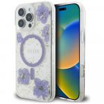 Etui Guess Resin Flowers Glitter MagSafe do iPhone 16 Pro Max, fioletowe z kwiecistym wzorem
