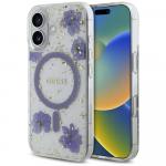 Etui Guess Resin Flowers Glitter MagSafe do iPhone 16, fioletowe z kwiecistym wzorem