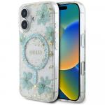 Etui Guess Resin Flowers Glitter MagSafe do iPhone 16, turkusowe