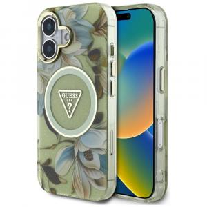 Etui Guess Glitter Flowers Triangle Buttons do MagSafe do iPhone 16, zielone z kwiecistym wzorem