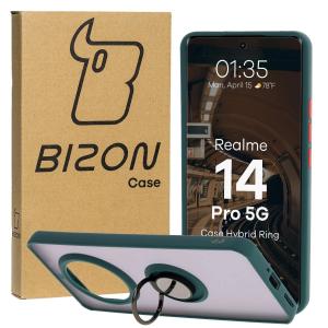 Etui z uchwytem na palec Bizon Case Hybrid Ring do Realme 14 Pro 5G, przydymione z ciemnozieloną ramką