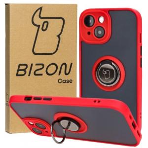 Etui z uchwytem na palec Bizon Case Hybrid Ring do iPhone 15, przydymione z czerwoną ramką