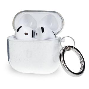 Elastyczne etui z karabińczykiem Bizon Case Headphone Clear do AirPods 4, przeźroczysto-brokatowe