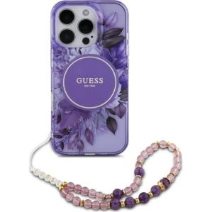Etui Guess IML Flowers with Pearl Strap MagSafe do iPhone 16 Pro Max, fioletowe