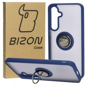 Etui z uchwytem na palec Bizon Case Hybrid Ring do Galaxy S24 FE, przydymione z granatową ramką