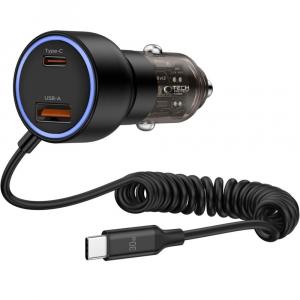 Ładowarka samochodowa Tech-Protect CC05 PD 60W, 1x USB-A / USB-C, wbudowany kabel USB-C 1m, czarna