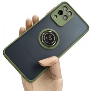 Etui z uchwytem na palec Bizon Case Hybrid Ring do Galaxy M33 5G, przydymione z zieloną ramką