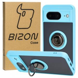 Etui z uchwytem na palec Bizon Case Hybrid Ring do Google Pixel 8, przydymione z jasnoniebieską ramką