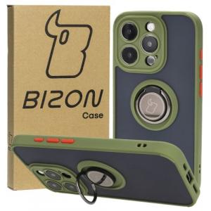 Etui z uchwytem na palec Bizon Case Hybrid Ring do iPhone 15 Pro, przydymione z zieloną ramką