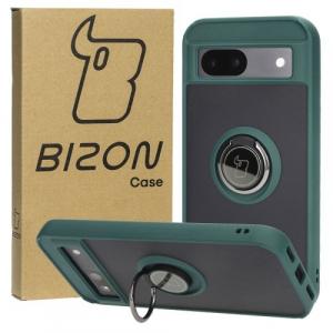 Etui z uchwytem na palec Bizon Case Hybrid Ring do Google Pixel 8a, przydymione z ciemnozieloną ramką