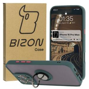 Etui z uchwytem na palec Bizon Case Hybrid Ring do iPhone 16 Pro Max, przydymione z ciemnozieloną ramką