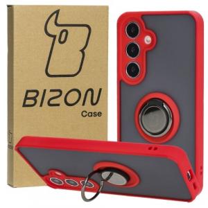 Etui z uchwytem na palec Bizon Case Hybrid Ring do Galaxy S24, przydymione z czerwoną ramką