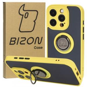 Etui z uchwytem na palec Bizon Case Hybrid Ring do iPhone 15 Pro, przydymione z żółtą ramką