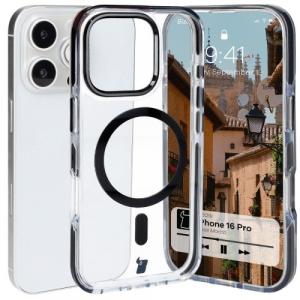 Etui z pierścieniem magnetycznym Bizon Case Marco do iPhone 16 Pro, przezroczyste z czarną ramką
