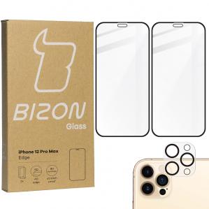 2x Szkło + szybka na aparat Bizon Edge Pack, iPhone 12 Pro Max, czarne