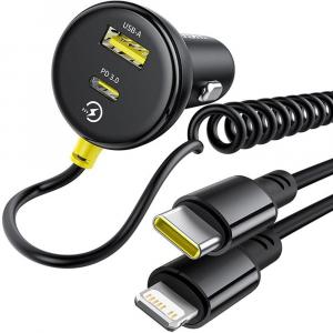 Ładowarka samochodowa Baseus Circular 1x USB-A, 1x USB-C PD 3.0, 60W + kabel Lightning, USB-C, czarna