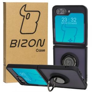 Etui z uchwytem na palec Bizon Case Hybrid Ring do Galaxy Z Flip5, przydymione z czarną ramką