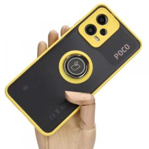 Etui z uchwytem na palec Bizon Case Hybrid Ring do Xiaomi Pocophone X5, przydymione z żółtą ramką