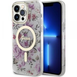 Etui Guess Hardcase Flower MagSafe do iPhone 14 Pro, transparentne z kwiatami