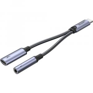 OUTLET: Adapter Unitek USB-C na port 1x mini jack 3.5mm / 1x USB-C PD 60W, czarno-szary