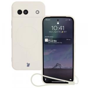 Silikonowe etui z pierścieniem magnetycznym Bizon Case Silicone Magnetic Sq do Google Pixel 8a, beżowe