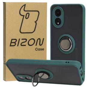 Etui z uchwytem na palec Bizon Case Hybrid Ring do Oppo A38 4G, przydymione z ciemnozieloną ramką