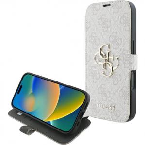 Etui zamykane z podstawką Guess 4G Metal Logo do iPhone 16, różowa ze złotymi elementami