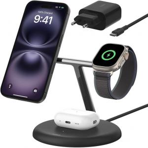 Ładowarka indukcyjna Belkin Boost Pro 3-in-1 Qi2 15W dla Apple Watch / AirPods / iPhone z MagSafe +PSU WIZ023, czarna