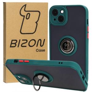 Etui z uchwytem na palec Bizon Case Hybrid Ring do iPhone 15 Plus, przydymione z ciemnozieloną ramką