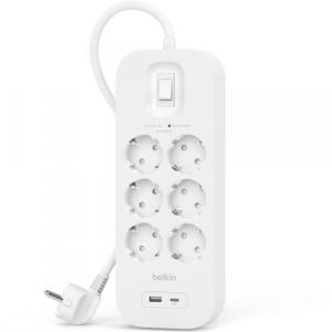 Listwa antyprzepięciowa do 650J Belkin SRB002VF2M, 6x AC EU Schuko, 1x USB-C PD, 1x USB-A, biała