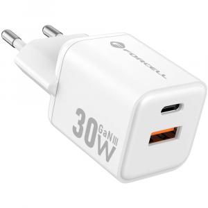 Ładowarka sieciowa Forcell F-Energy Mini VT-35 30W, USB-C PD, USB-A QC 4.0, GaN, biała