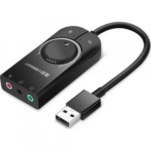 Zewnętrzna karta dźwiękowa muzyczna / adapter USB Ugreen 3,5 mm mini jack z regulacją głośności, 15cm, czarny