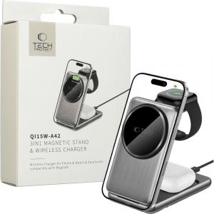 Ładowarka indukcyjna Tech-Protect Qi15W A42 3w1 Magnetic Stand and Wireless Charger do MagSafe, Qi, szara