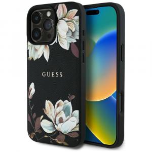 Etui Guess Grained Flower Pattern do MagSafe do iPhone 16 Pro, czarne z kwiecistym wzorem