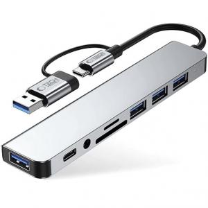 Hub, adapter Tech-Protect HB06, 8w1 4x USB-A, 1x USB-C, Minijack 3.5mm, Czytnik kart SD / TF, szary
