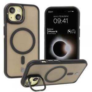 Etui z podstawką i pierścieniem magnetycznym Bizon Case Eclipse do iPhone 15, przydymione z czarną ramką