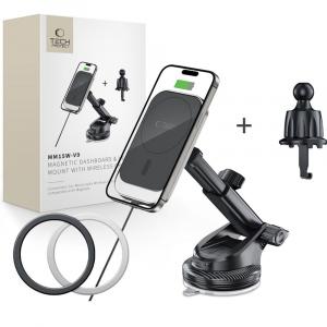 Uchwyt samochodowy z ładowaniem indukcyjnym do kratki nawiewu / deski rozdzielczej / szyby do MagSafe Tech-Protect MM15W-V9, 15W, czarny