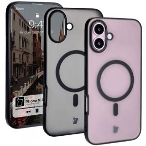 Etui z pierścieniem magnetycznym Bizon Case MatteO do iPhone 16 Plus, półprzezroczyste z czarną ramką