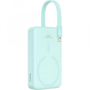 Powerbank indukcyjny Qi, z wbudowanym kablem lightning, USB-C, Baseus Magnetic Mini, do MagSafe, 10 000mAh, 20W, niebieski