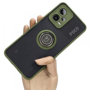 Etui z uchwytem na palec Bizon Case Hybrid Ring do Xiaomi Pocophone X5, przydymione z zieloną ramką