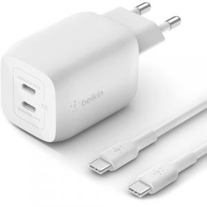 Ładowarka sieciowa Belkin Boost Pro Wall Dual USB-C PD 3.0 PPS GaN 65W + kabel USB-C/USB-C 2m, biała