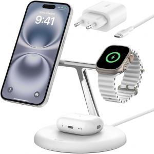 Ładowarka indukcyjna Belkin Boost Pro 3-in-1 Qi2 15W dla Apple Watch / AirPods / iPhone z MagSafe +PSU WIZ023, biała