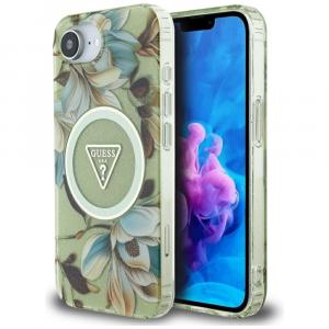 Etui Guess Glitter Flowers Triangle Buttons do MagSafe do iPhone 16e, zielone z kwiecistym wzorem