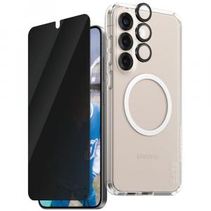 Etui ze szkłem prywatyzującym na ekran i aparat CARE by PanzerGlass Flagship 3in1 Privacy do Galaxy S25 Plus, przezroczyste