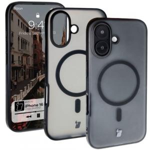 Etui z pierścieniem magnetycznym Bizon Case MatteO do iPhone 16, półprzezroczyste z czarną ramką