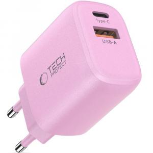 Ładowarka sieciowa Tech-Protect NCA30 2-PORT NETWORK 30W USB-C PD, USB-A QC 3.0, różowa