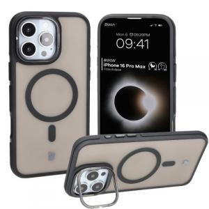 Etui z podstawką i pierścieniem magnetycznym Bizon Case Eclipse do iPhone 16 Pro Max, przydymione z czarną ramką